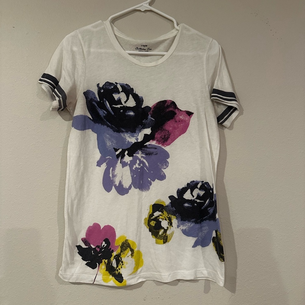 J.Crew Floral Graphic T-Shirt‎ Women's Medium White Short Sleeve Cotton Blend